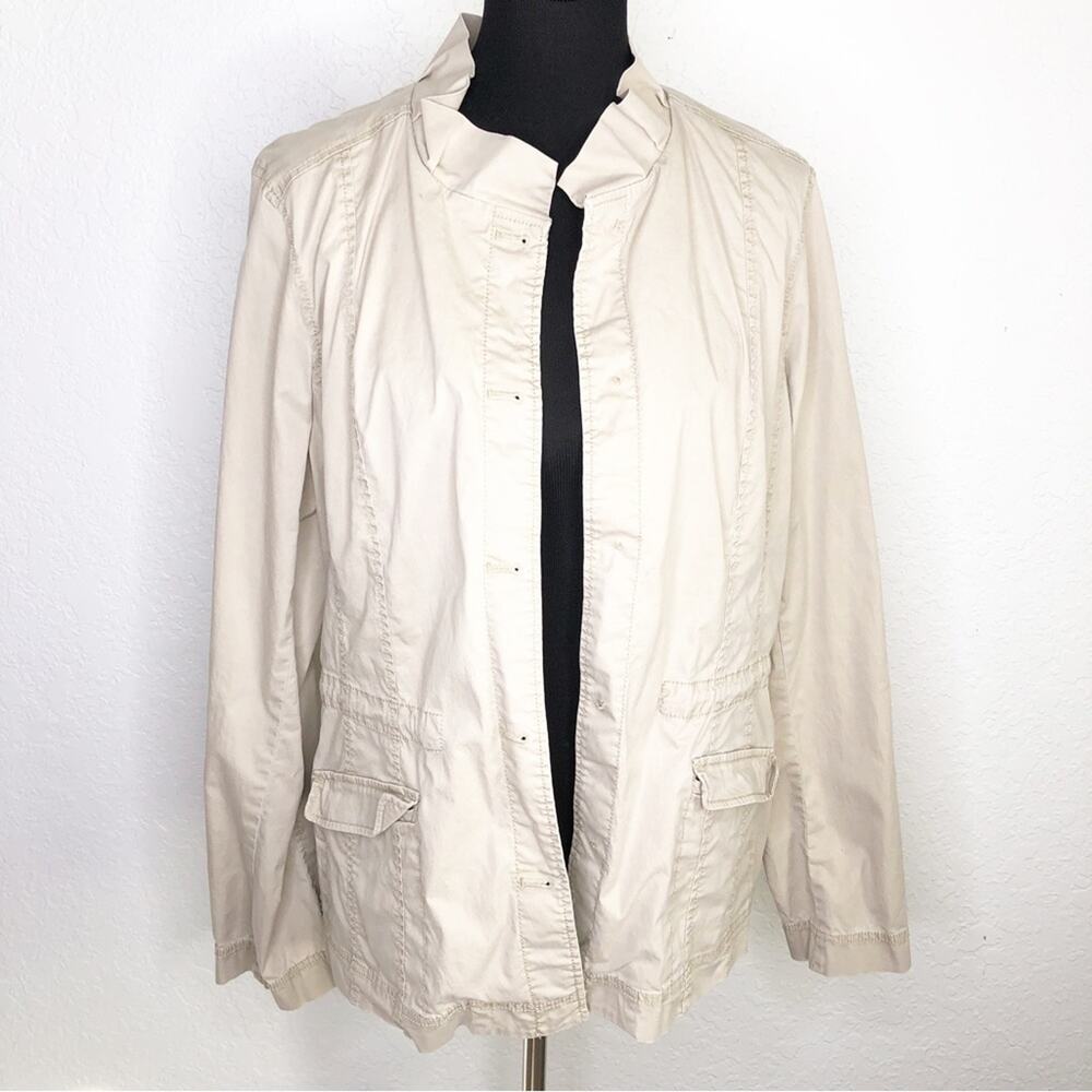 Eileen Fisher tan‎ ruffle collar drawstring waist jacket